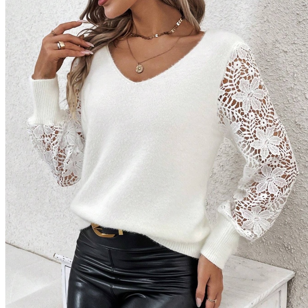 Romantic Floral Lace Sheer Long sleeve Fuzzy Sweater - Picture 2 of 5